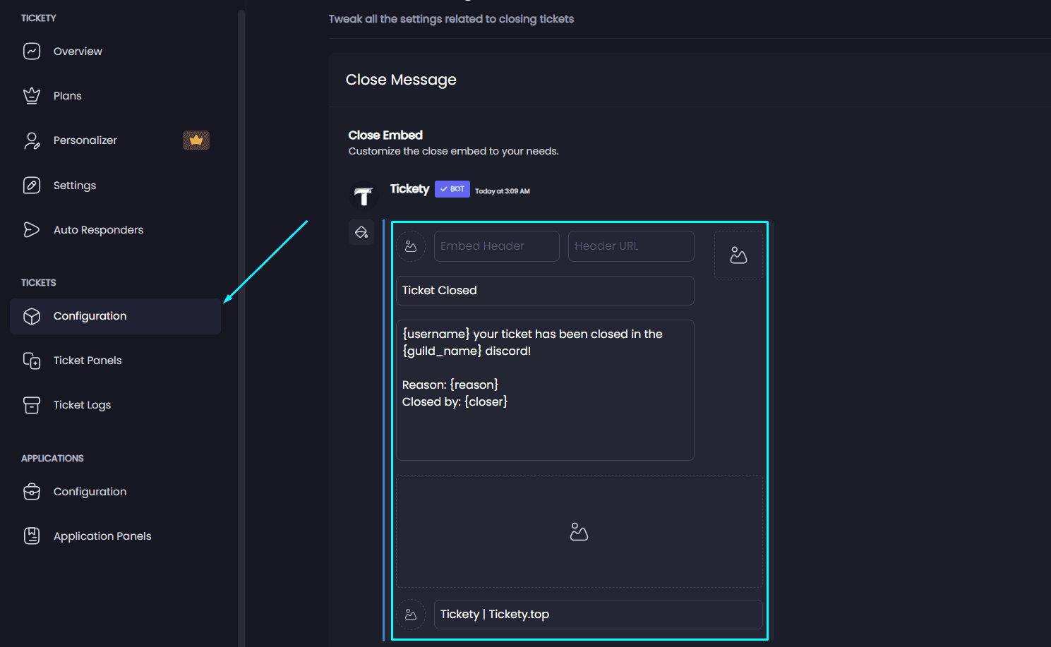 Example of Close Settings Embed