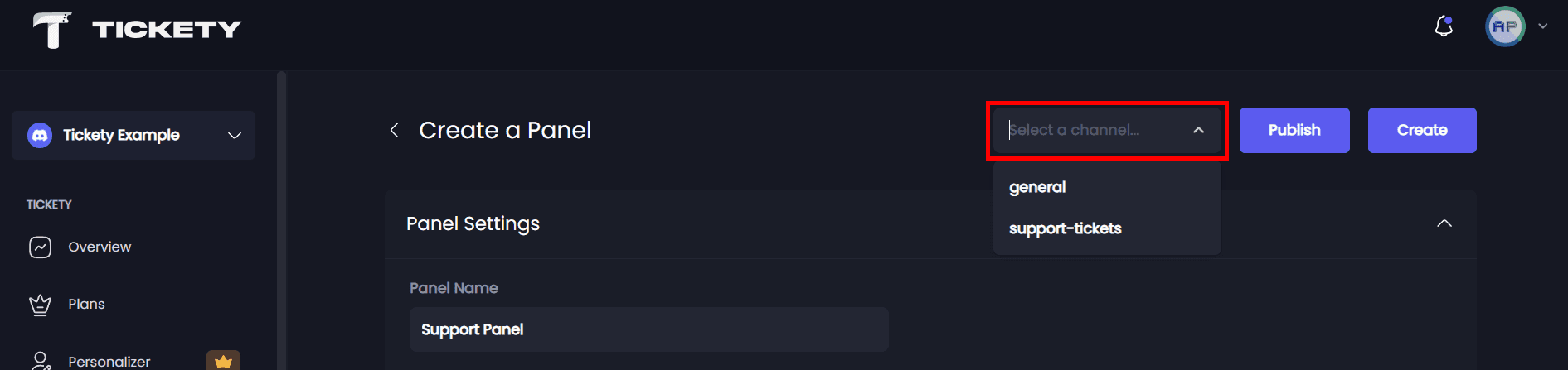 Select a text channel to publish your ticket panel