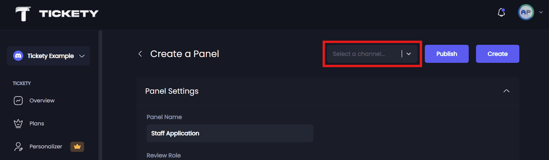 Select a text channel for Application Panel