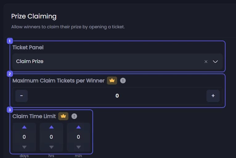 Ticket Panel, Maximum Claim Tickets per Winner and Claim Time Limit