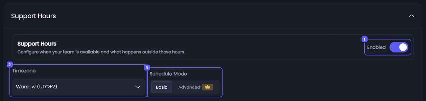 Enabled, Timezone and Schedule Mode under Support Hours