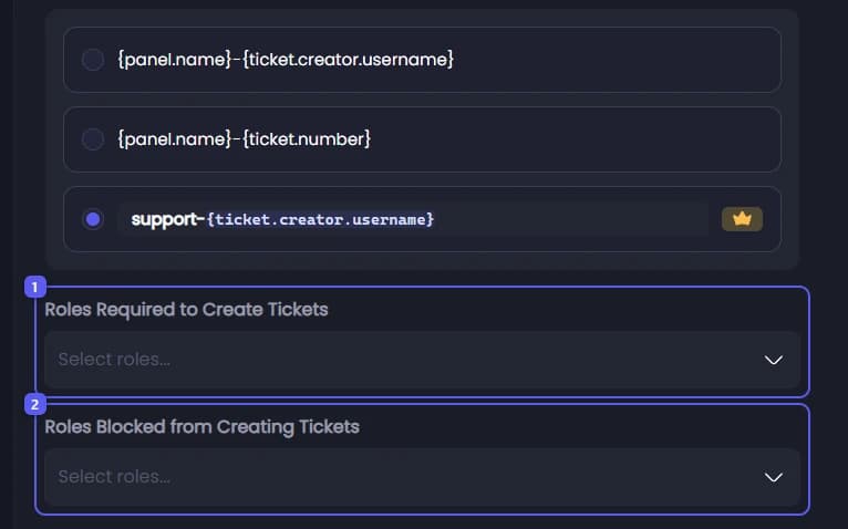 Required roles and blocked roles in Ticket Settings
