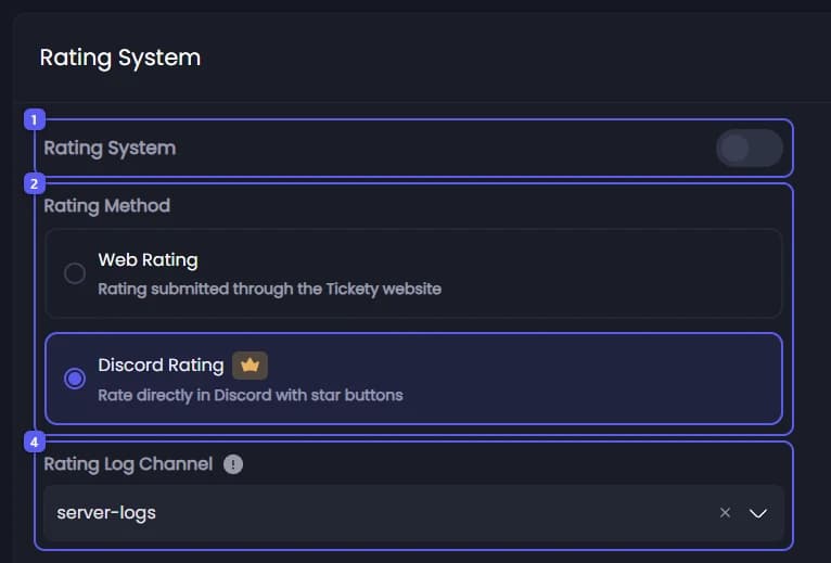 Rating System, Rating Method, Rate on Close Request and Rating Log Channel