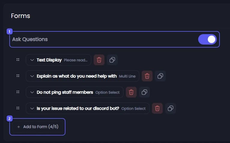 Ask Questions and Add to Form on the Forms tab