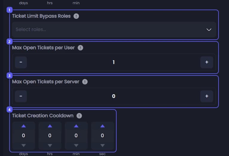 Bypass roles, limits and cooldown in Ticket Settings