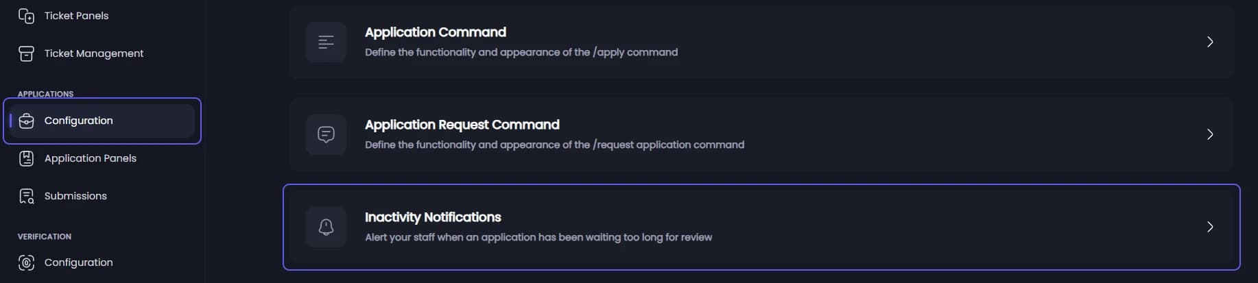Inactivity Notifications on the Application Configuration page