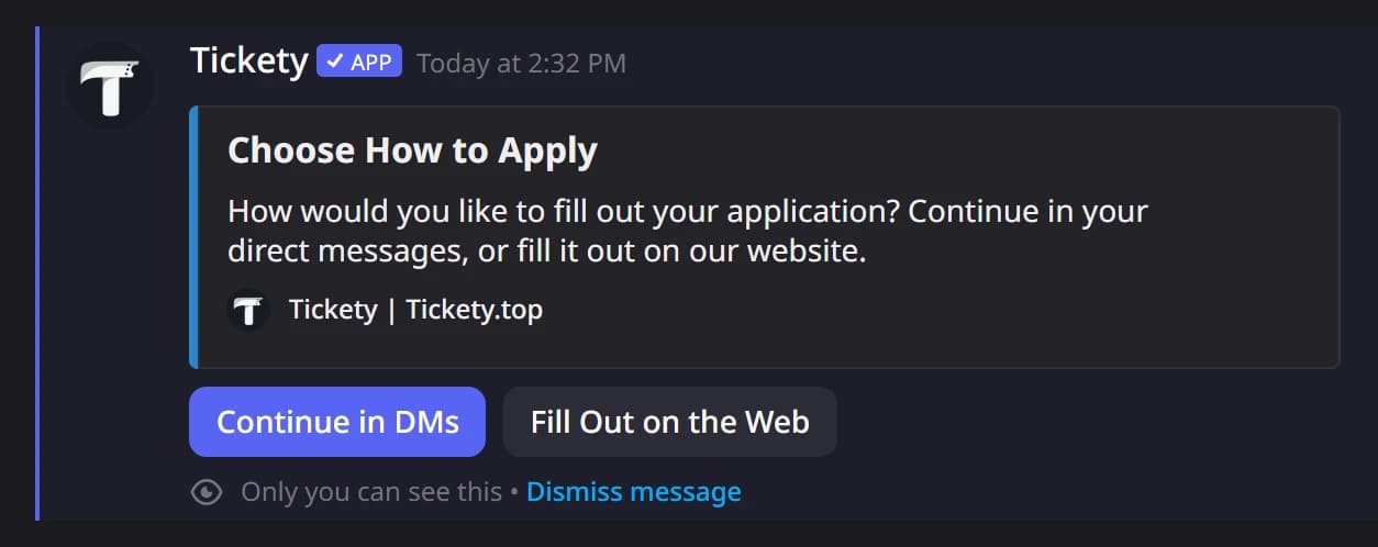 Continue in DMs or Fill Out on the Web in Discord