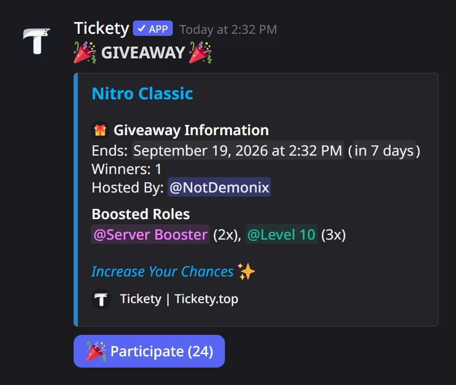 A giveaway with Boosted Roles and the Increase Your Chances link in Discord
