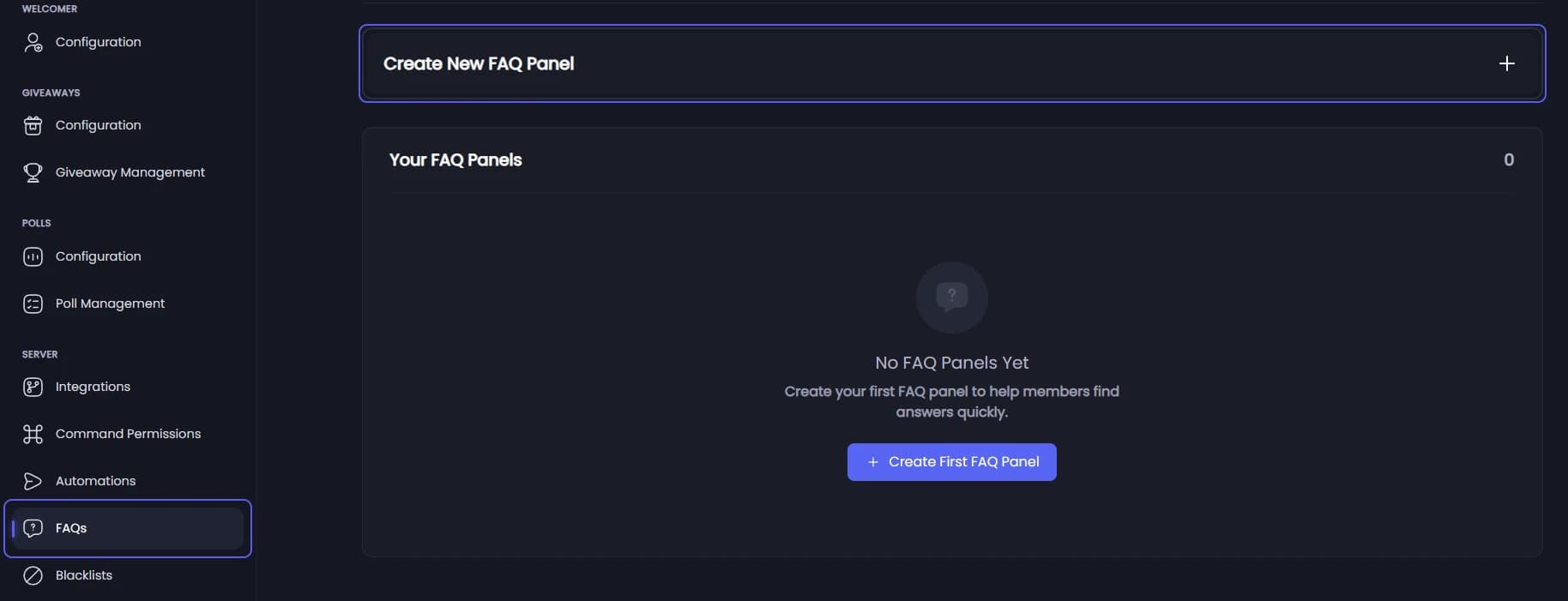 Create New FAQ Panel on the FAQ Panels page