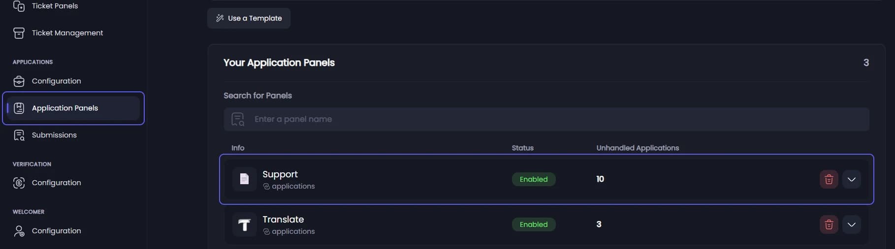 A panel on the Application Panels page