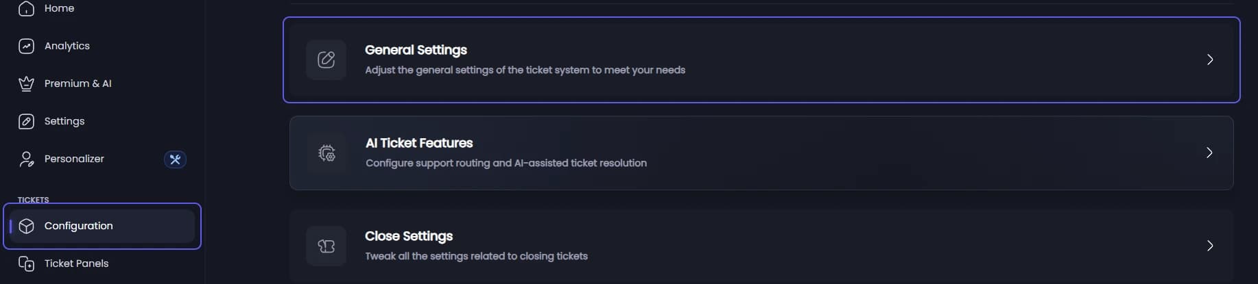 General Settings on the Ticket Configuration page