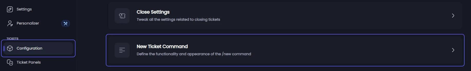 New Ticket Command on the Ticket Configuration page
