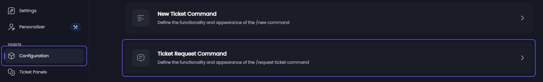 Ticket Request Command on the Ticket Configuration page