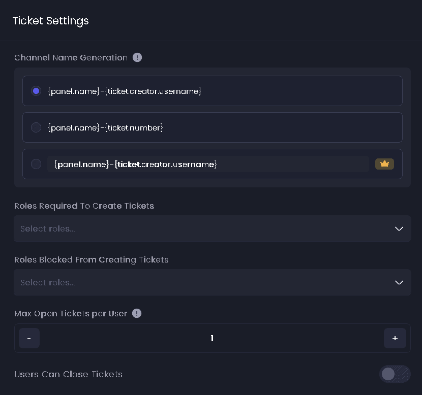 Ticket Panel Configuration