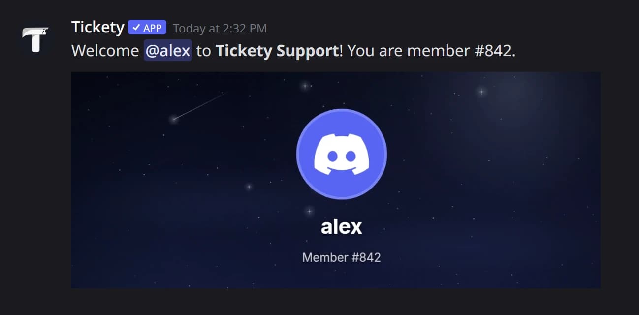 A welcome message with the welcome card in Discord