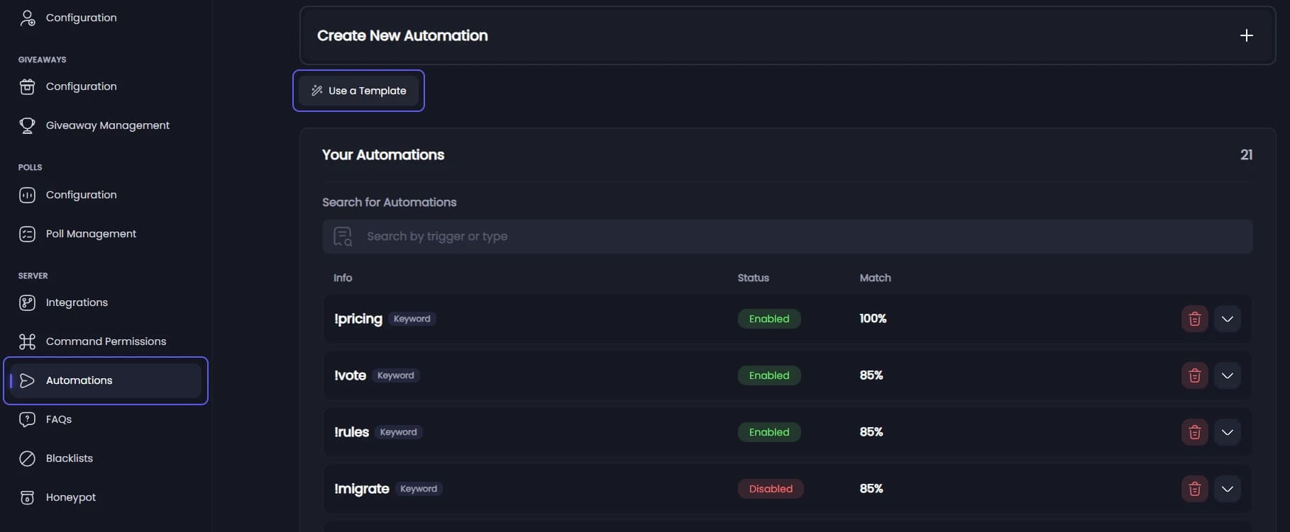 Automations in the sidebar and the Use a Template button