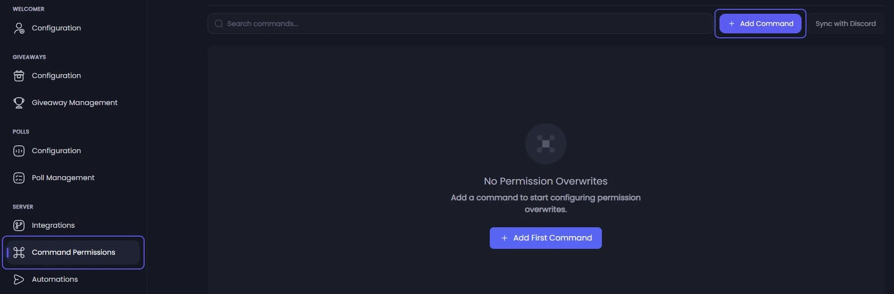 Command Permissions in the sidebar and the Add Command button