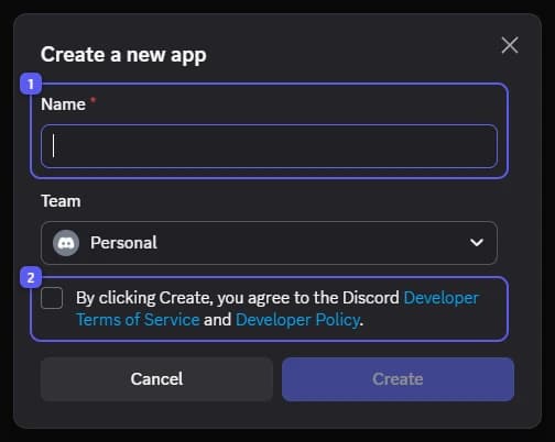 Name and the terms box in Create a new app