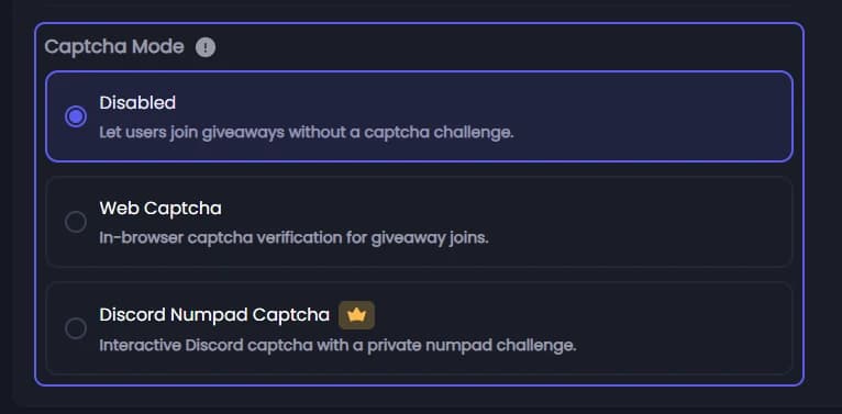Captcha Mode under Entry Requirements
