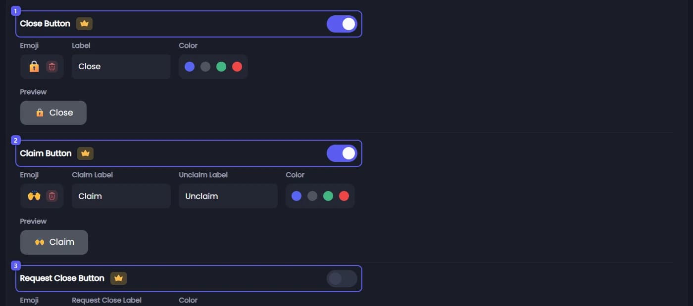 Close Button, Claim Button and Request Close Button