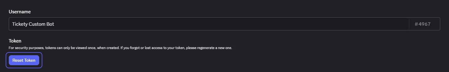 Reset Token on the Bot page