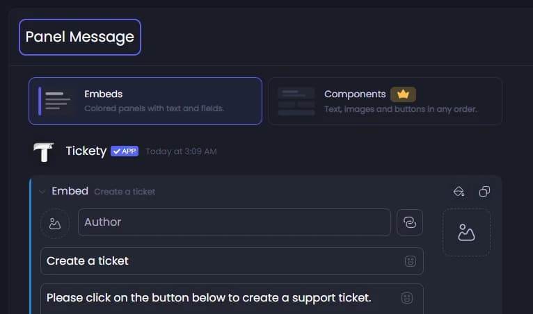 Panel Message on the Embed tab