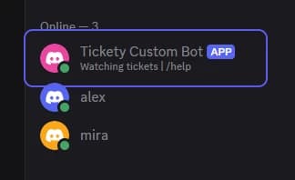 The custom bot online in the member list