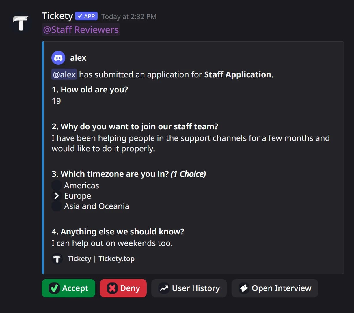 An application waiting for review in the staff channel