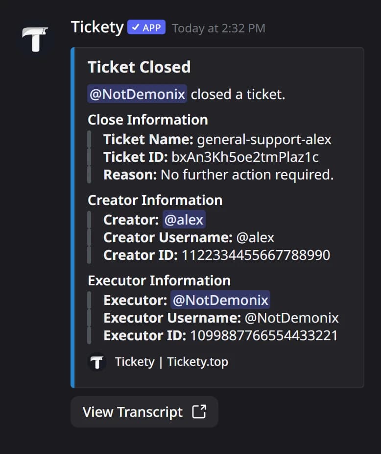 A Ticket Closed log entry in Discord