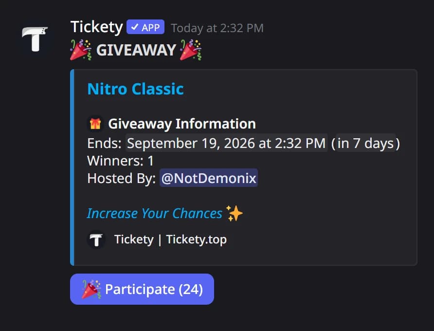 A posted giveaway with the Participate button in Discord