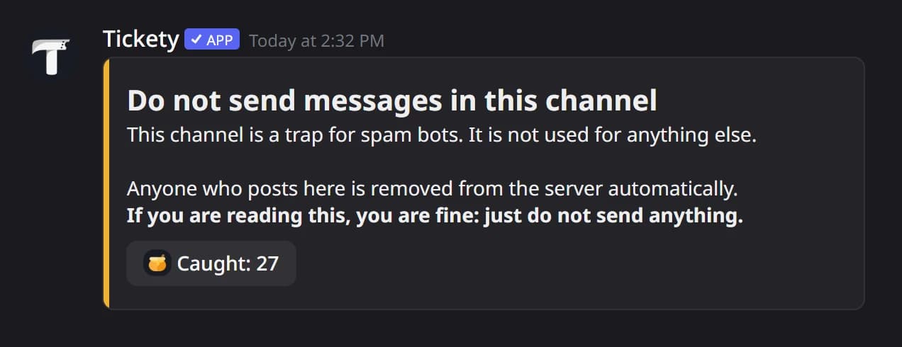 The honeypot warning notice in the bait channel