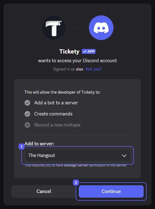 Add to server and Continue on Discord's authorize screen