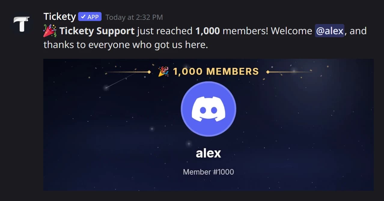 A milestone welcome with the badge on the card in Discord