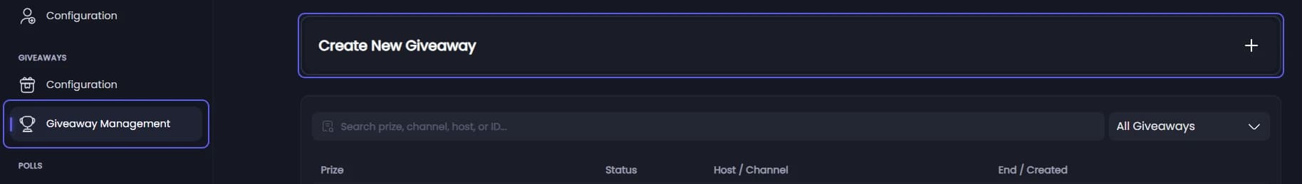 Create New Giveaway on the Giveaway Management page