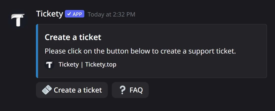 A ticket panel with the FAQ button in Discord