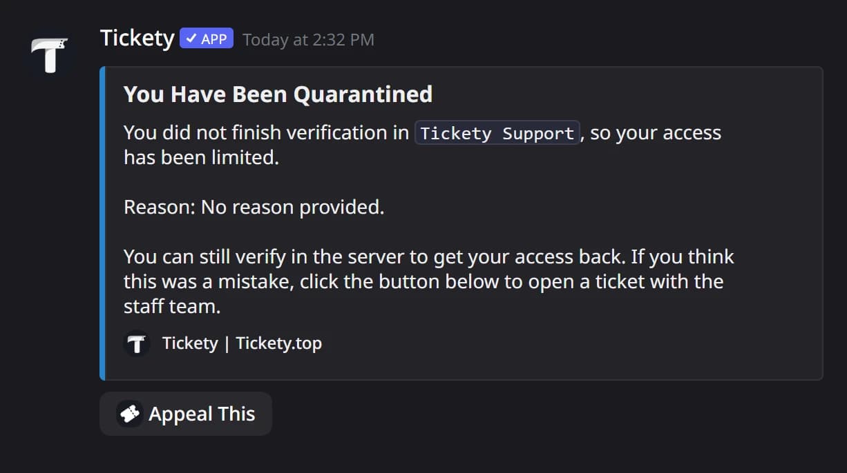 The quarantine DM with Appeal This in Discord