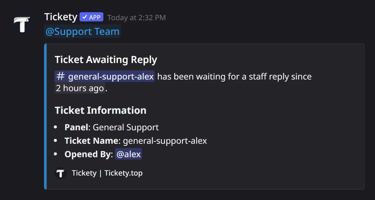 A Ticket Awaiting Reply notice in Discord