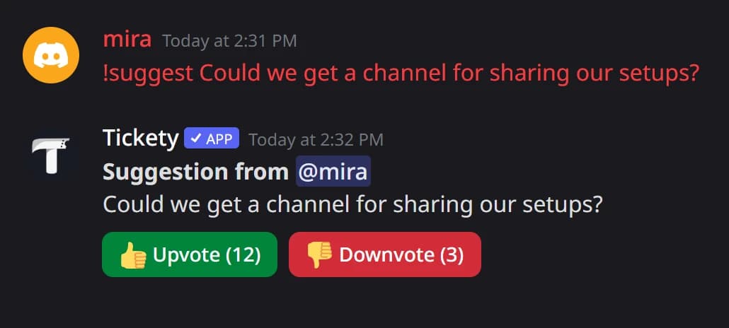 A suggestion reposted by Tickety after the member's command is removed