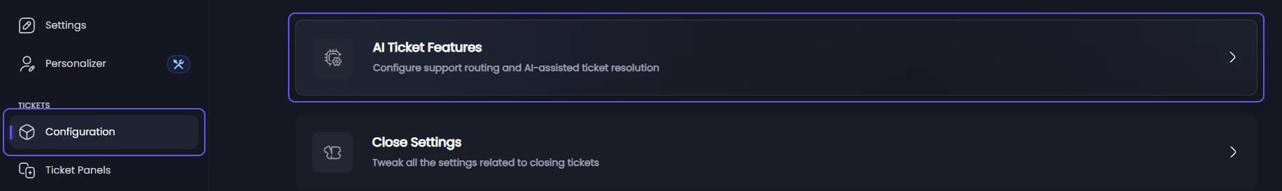 AI Ticket Features on the Ticket Configuration page