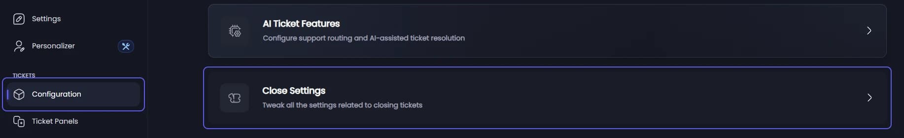 Close Settings on the Ticket Configuration page