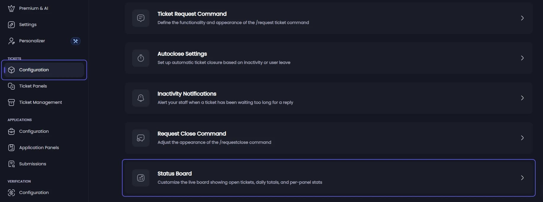 Status Board on the Ticket Configuration page