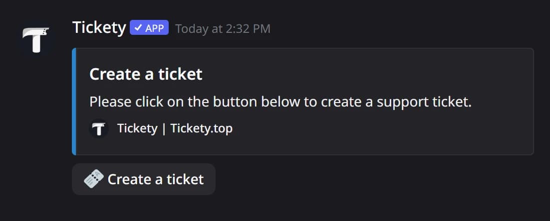 The posted ticket panel in Discord